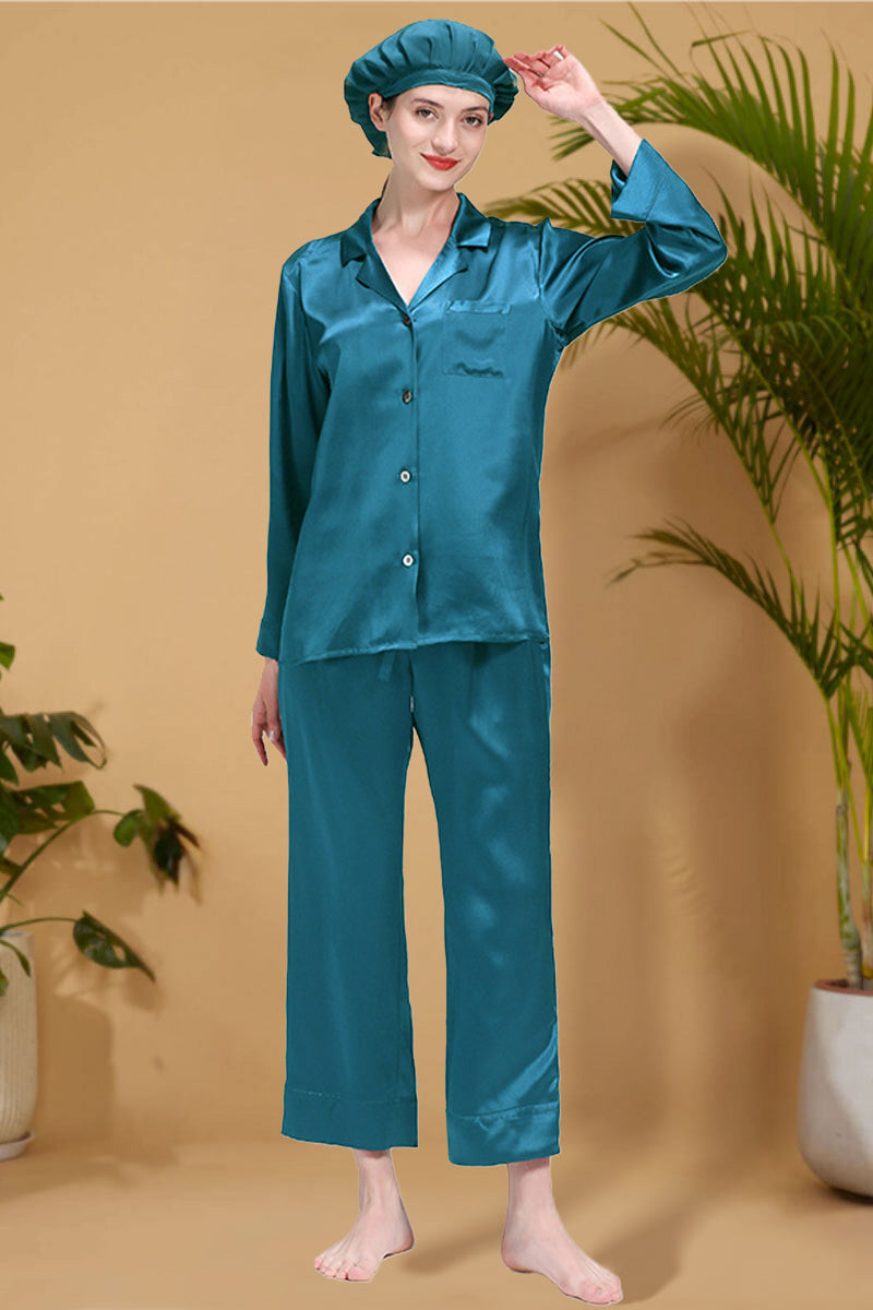 Classic Mulberry Silk Pajama Set with Sleep Cap