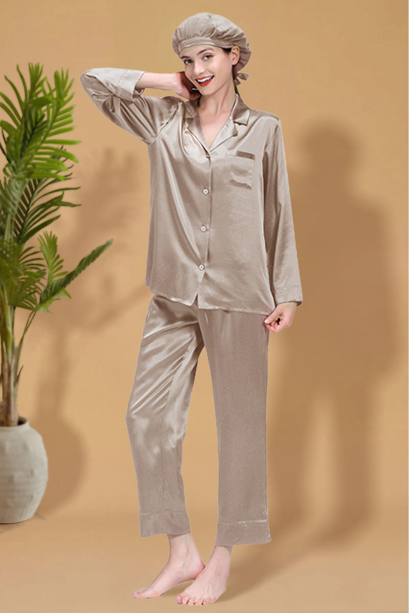 Classic Mulberry Silk Pajama Set with Sleep Cap