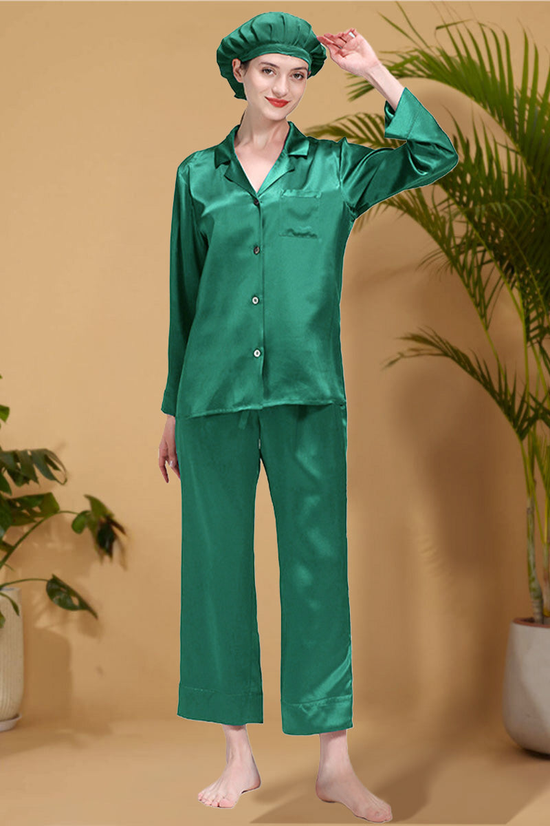 Classic Mulberry Silk Pajama Set with Sleep Cap