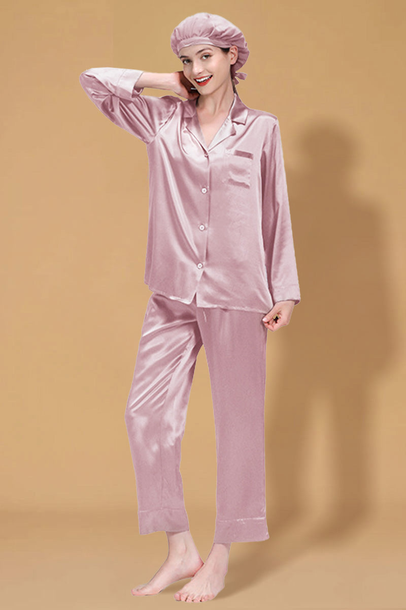 Classic Mulberry Silk Pajama Set with Sleep Cap