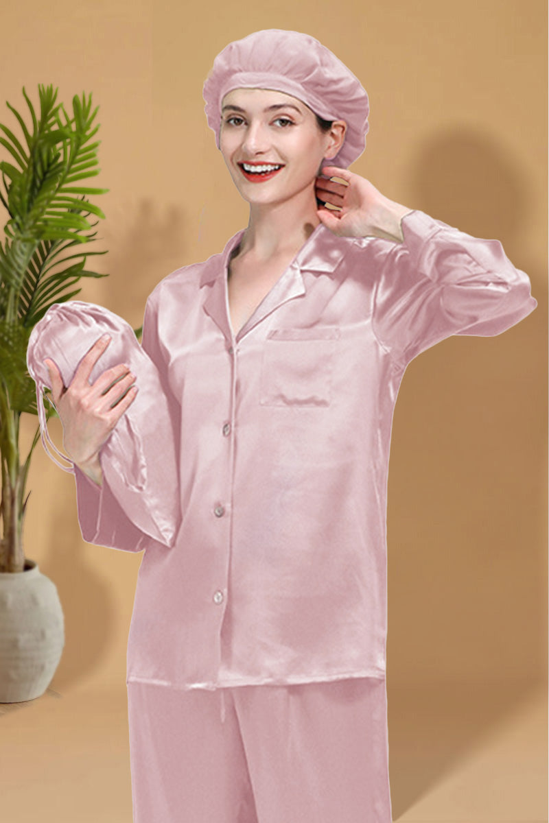 Classic Mulberry Silk Pajama Set with Sleep Cap