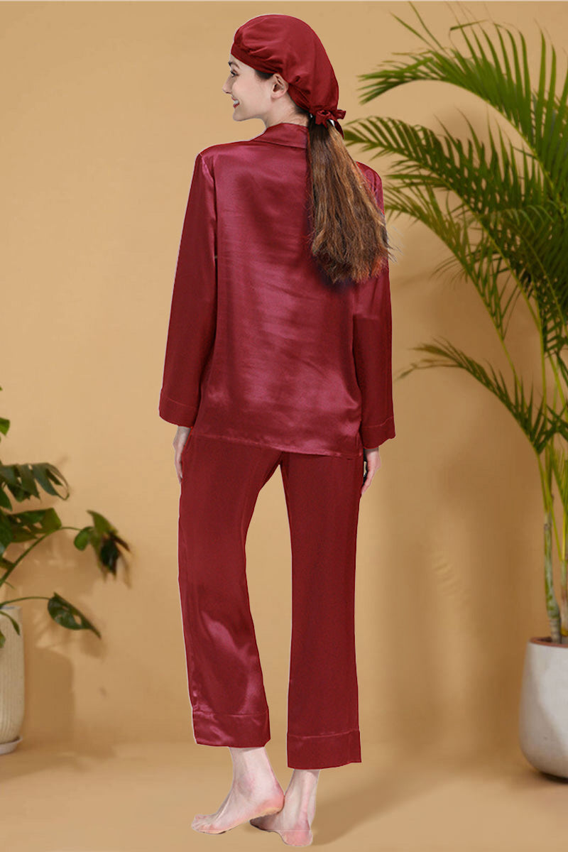 Classic Mulberry Silk Pajama Set with Sleep Cap