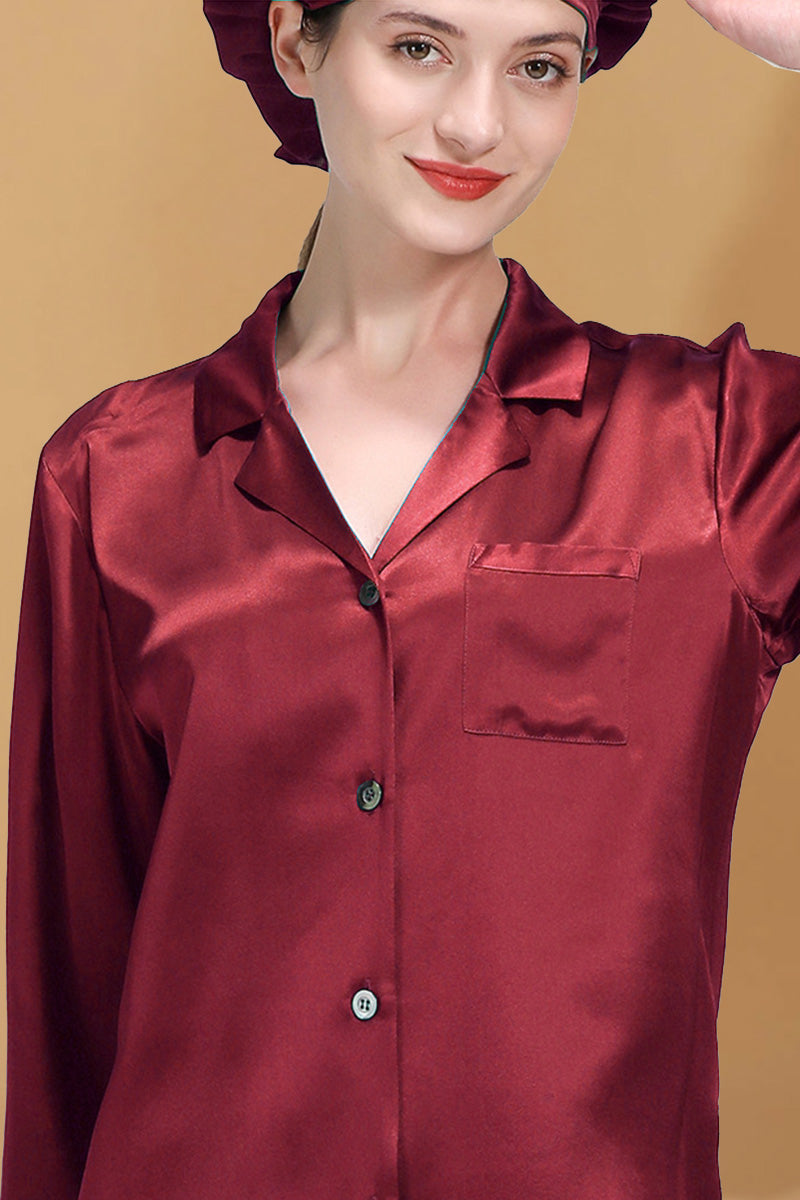 Classic Mulberry Silk Pajama Set with Sleep Cap